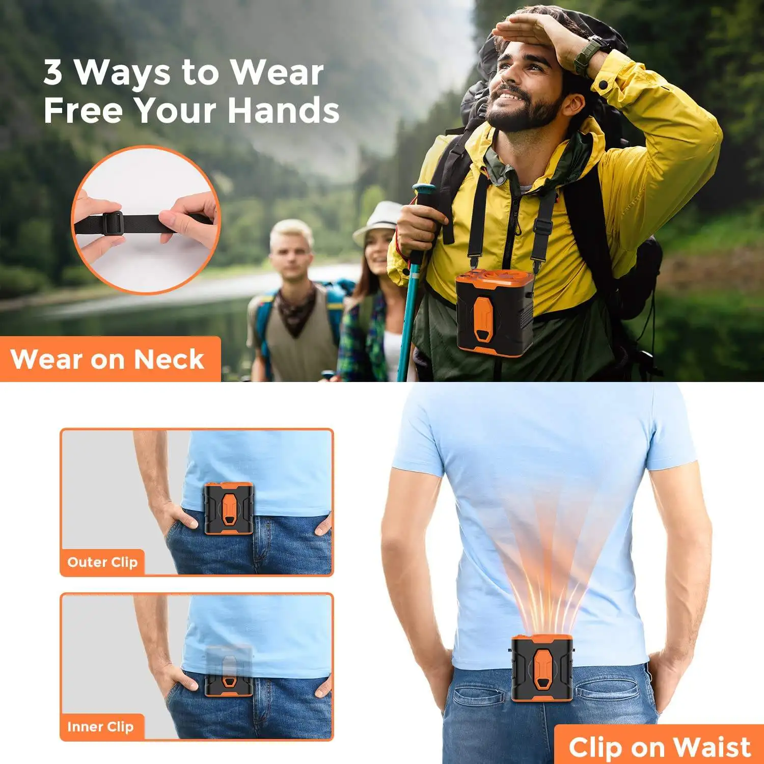 مروحة تكييف الهواء مع ضوء LED ، نوع C ، قابلة لإعادة الشحن ، تعليق الخصر ، مشبك ، مريحة ، في الهواء الطلق ، مبرد السفر ، أحدث