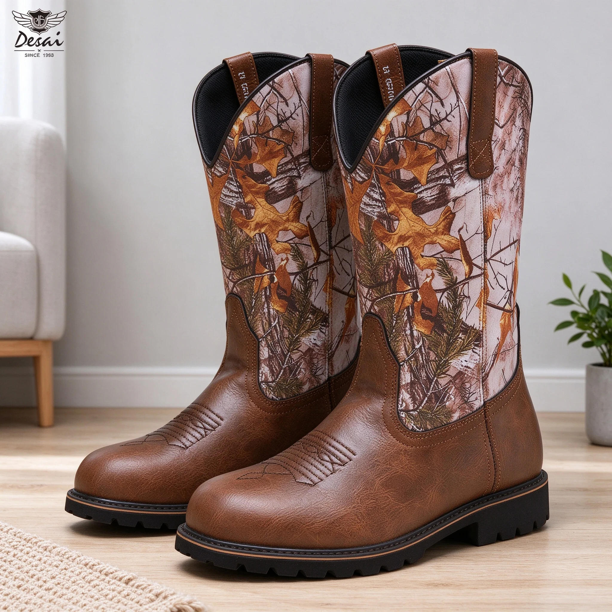 Desai Men's Western Boots Faux Leather Embroidered Flame Stitch Tall Slip On Comfortable Cowboy Boots For Man Autumn Winter