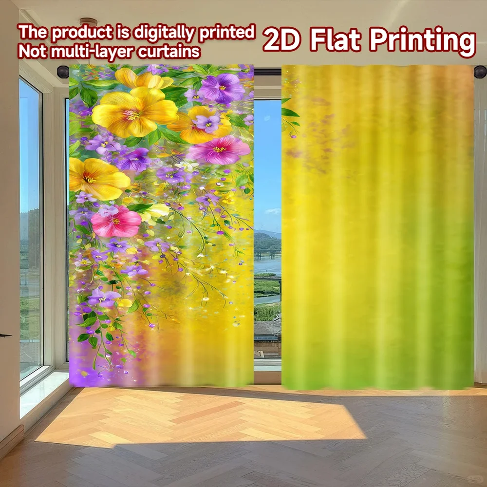 

2D flat printing 2pcs Window Curtains Spring Floral Cascade Digital Printed Polyester Drapes Family Party Decoration for Photo