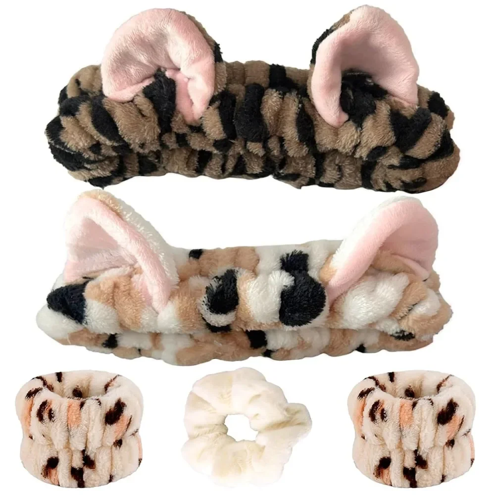 3 Pcs Cute Leopard Cat Ear Spa Headband and Wrist Bands Set Fluffy Makeup Headband Facial Skin Care Tools for Women