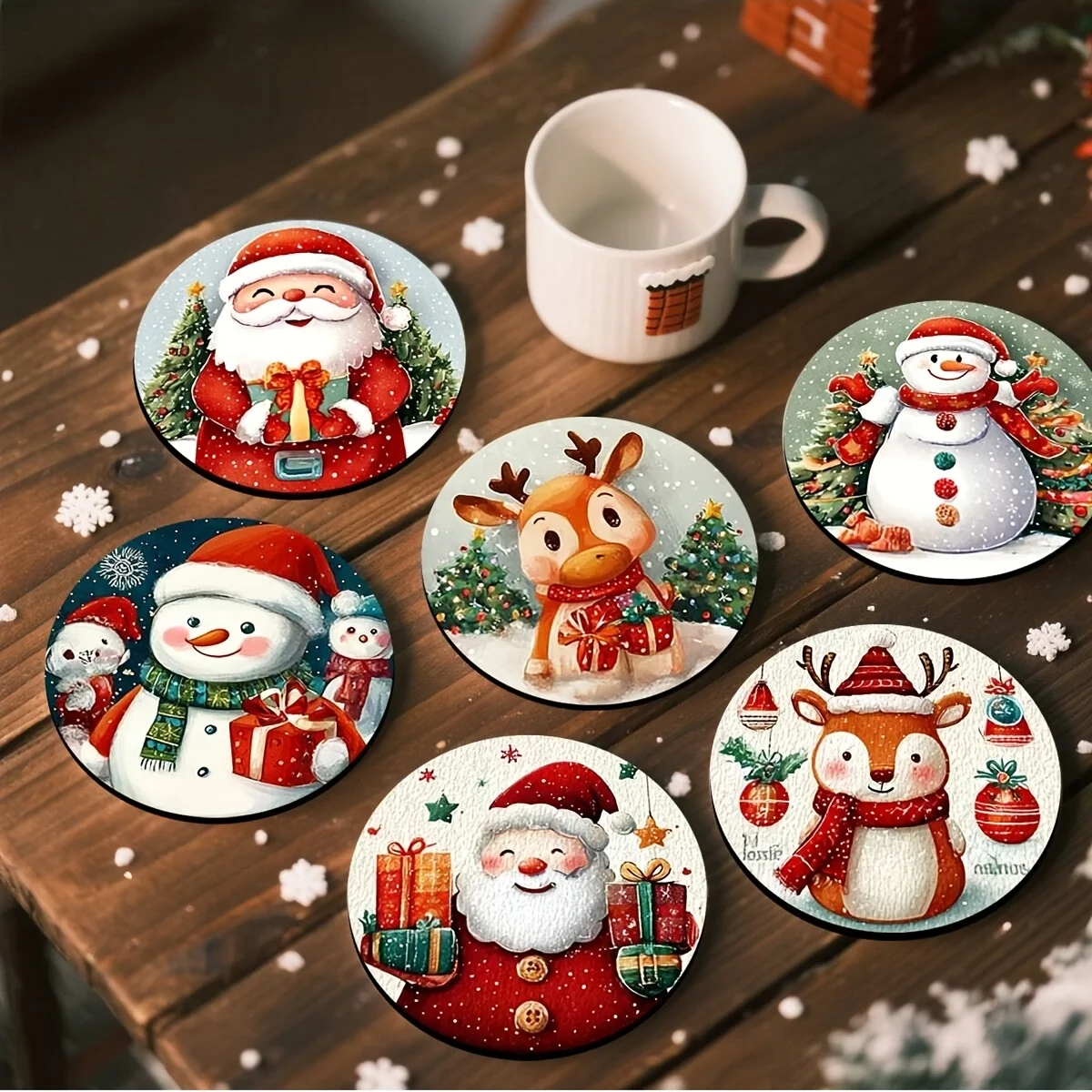2D Santa Reindeer Wooden Coasters Heat Resistant Drink Cup Mats Home Coffee Shop Restaurant Table Protectors Holiday Gifts Decor