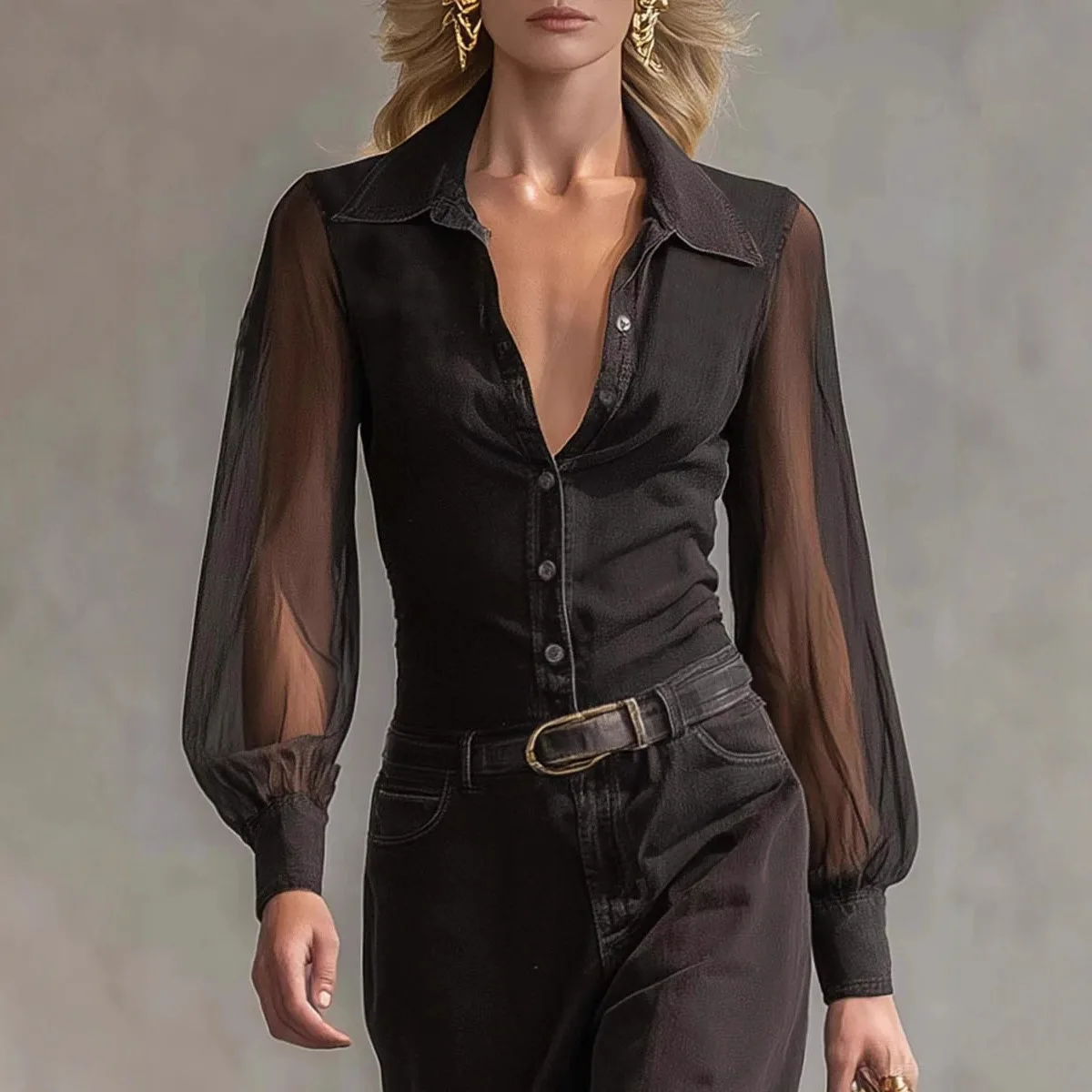 Women's Clothing, Long Sleeve See-Through Shirt Collar Button Mesh Splicing Rivet Dress Long Dress
