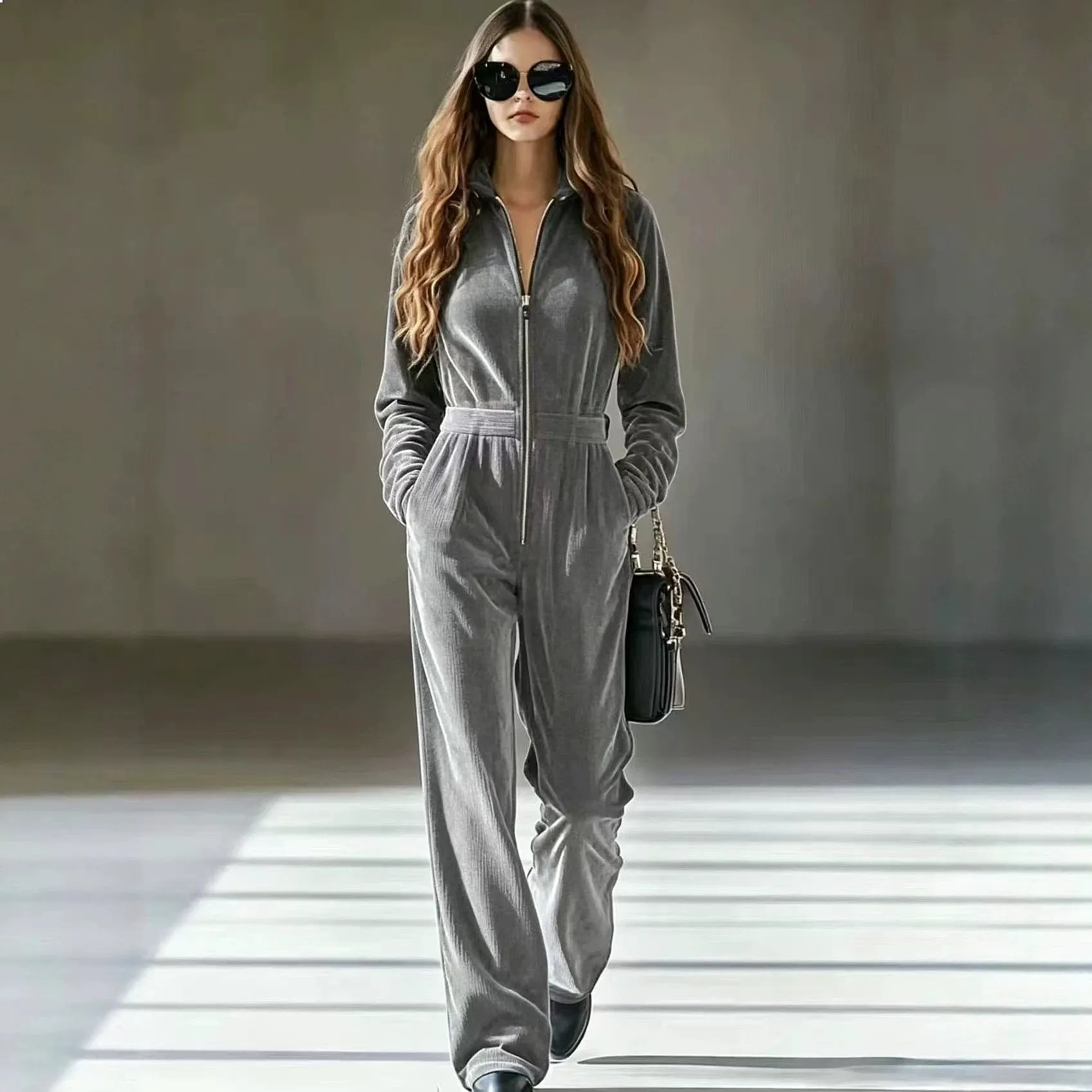 Retro Zip Up Jumpsuit for Women High Waist Slim Fit Straight Leg Romper Overall Playsuit Spring Summer Casual Jumpsuits