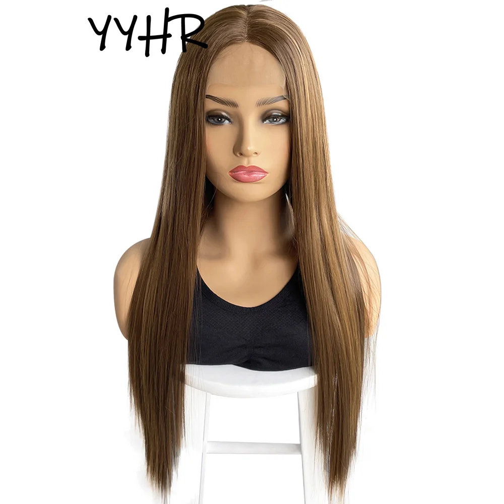 

Women Long Straight Wigs With Lace Natueal Brown Middle Part Hair Style Synthetic 13X1 4X1 T Part Lace Wig for Woman Daily Life