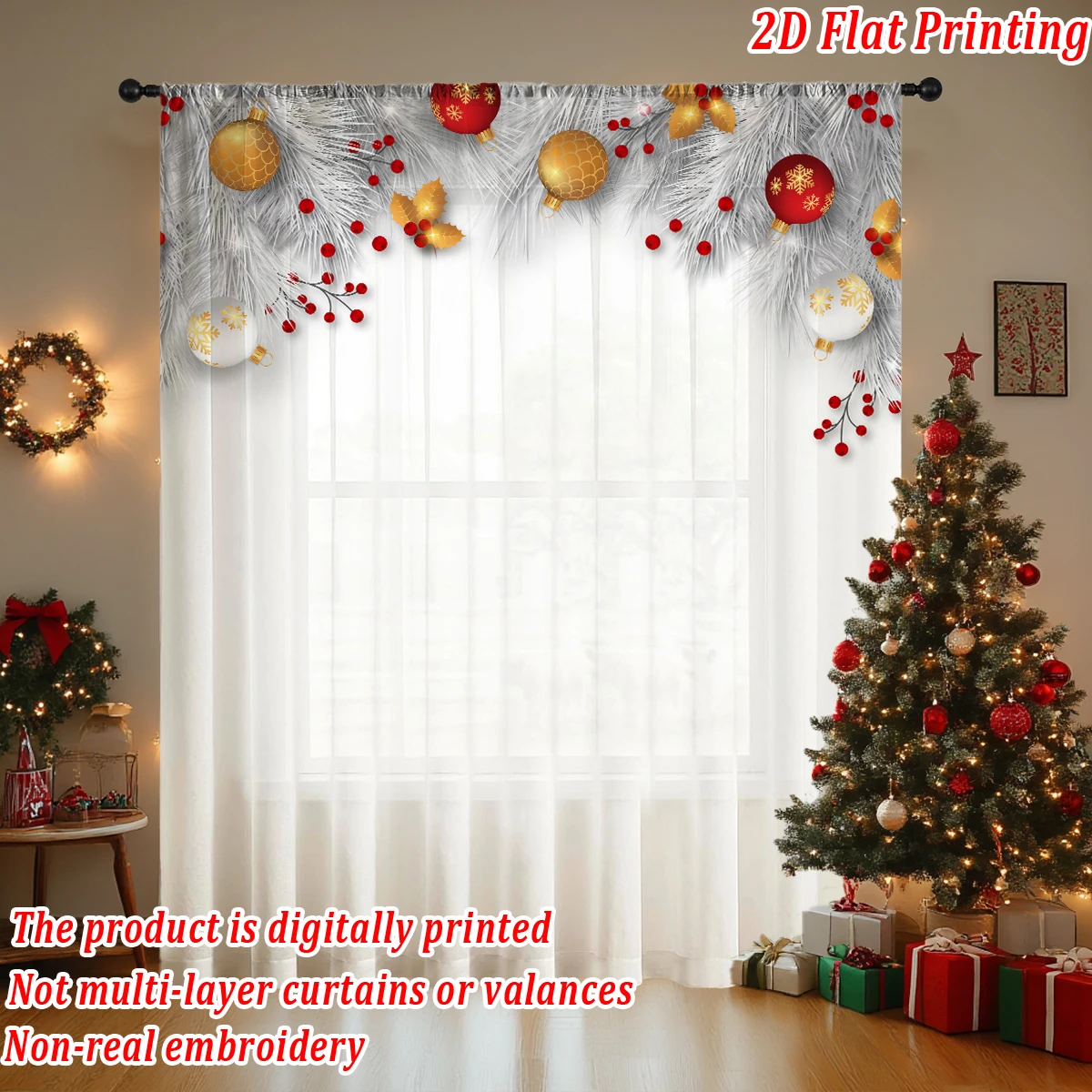 Christmas Flat Printing Sheer Curtain with Christmas Ball Berry Pine Branch for Living Room Bedroom Decor Holiday Party
