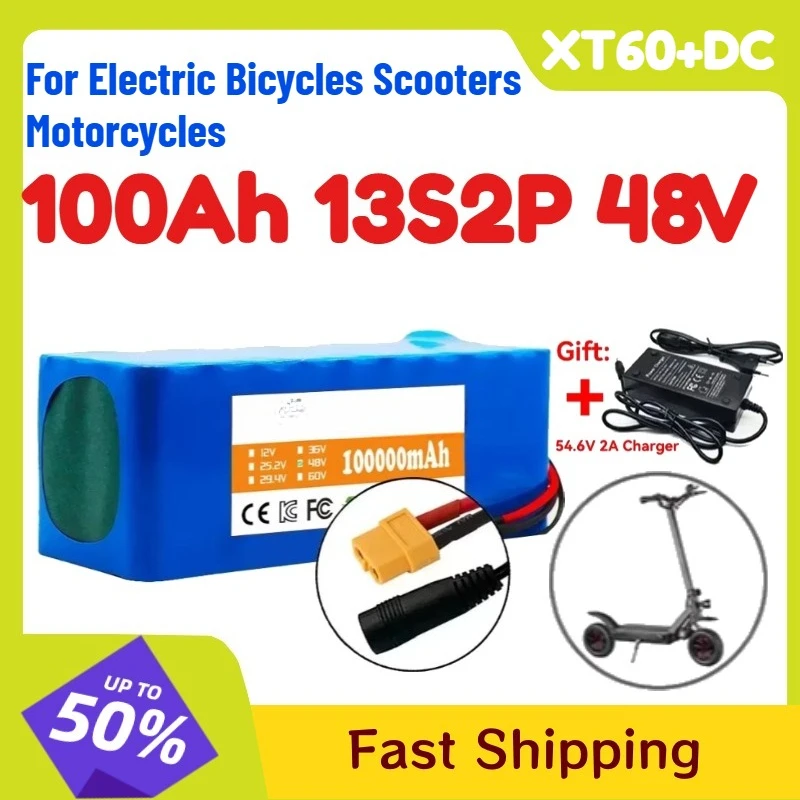 100Ah 13S2P 48V Lithium Battery with XT60+DC Plug BMS +54.6V 2A Charger for Electric Bicycles Scooters Motorcycles