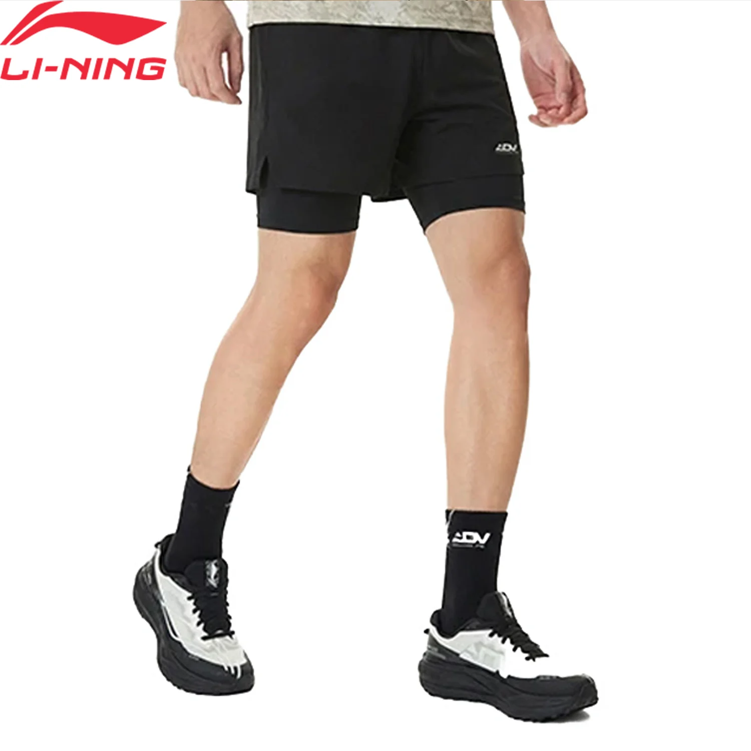 Li-Ning Men's Running 2 IN 1 Shorts LN DRY 88%Polyester 12%Elastane Sun Protection Adjustable Waist LiNing Sport Bottoms AKSW303