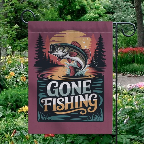 Gone Fishing Garden Flag Bass Fish Jumping Sunset Lake House Decor Banner OOV IIC