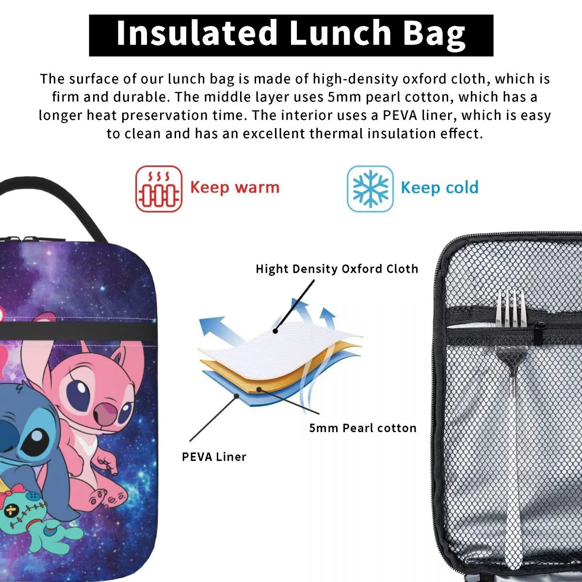 Stitch Angel Insulated Lunch Bag Lilo and Stitch Meal Container Cooler Bag Tote Lunch Box Beach Picnic Food Storage Bags