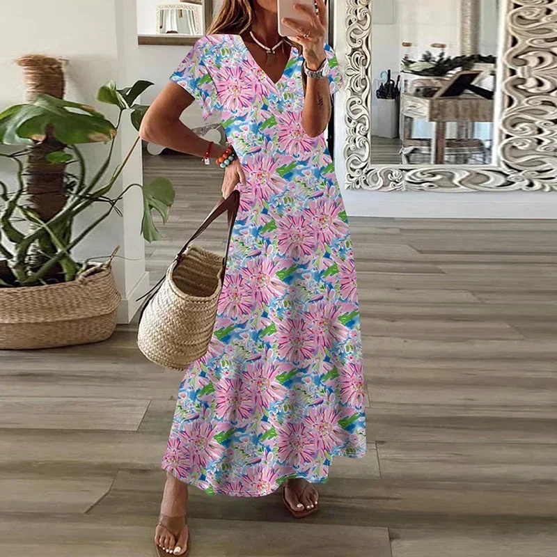 

Vintage Print Long Dress Women V Neck Short Sleeve Casual Maxi Dresses For Women Holiday Maxi Dresses Boho