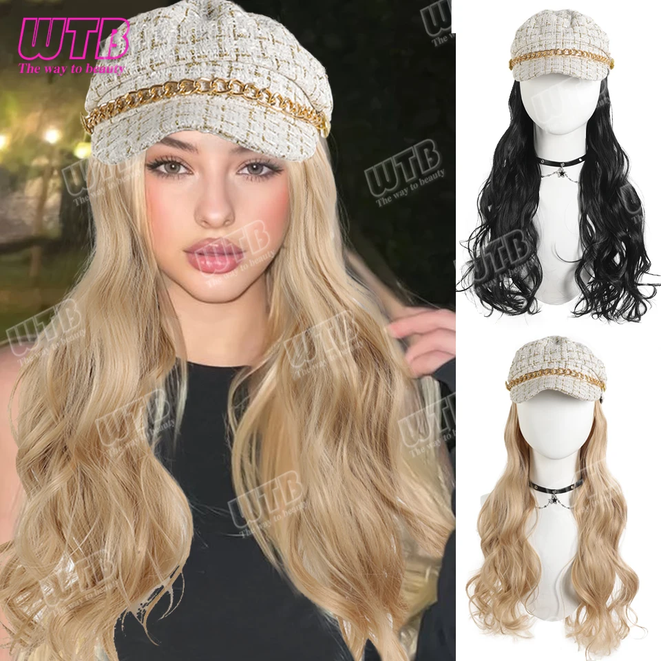 

WTB Synthetic 24Inch Long Wavy Curly Cap Wig One Piece Hair Hat Wig Black Golden Hairpiece for Women Heat-resistant hair