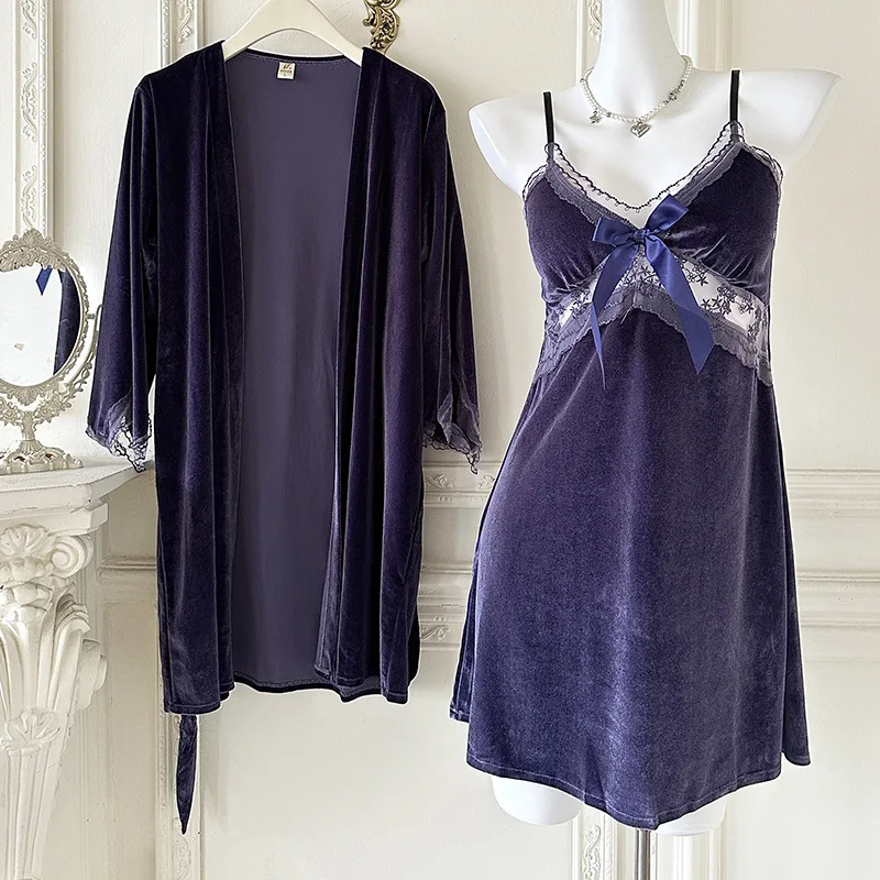 

2025 осенне-зимняя одежда для сна, теплый велюровый халат, костюм из 2 предметов, ночная рубашка на тонких бретельках, пижамный костюм, сексуальное домашнее платье, ночное белье