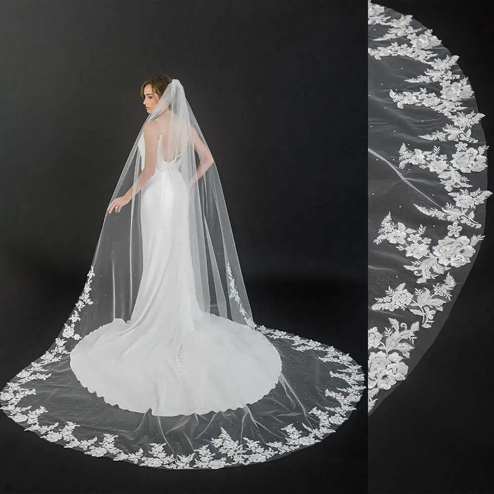 

Modern Wedding Veils Appliques Beaded Lace One Layer Chapel Length Bride Veil Applique Edge Custom Made Bridal Accessories