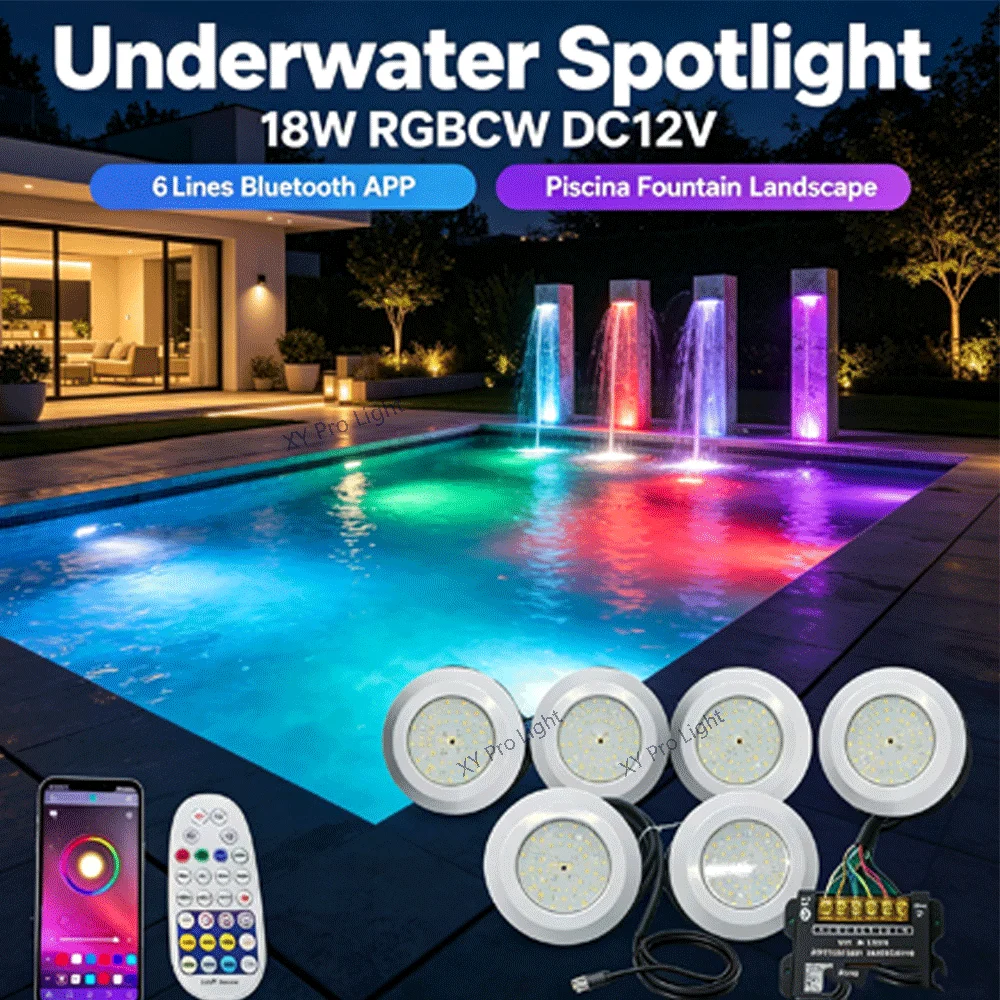 18W LED Pool Light RGBCW DC12V 6Lines Bluetooth APP Control IP68 Underwater Spotlight Fountain,Landscape,Piscina-Illuminate Lamp
