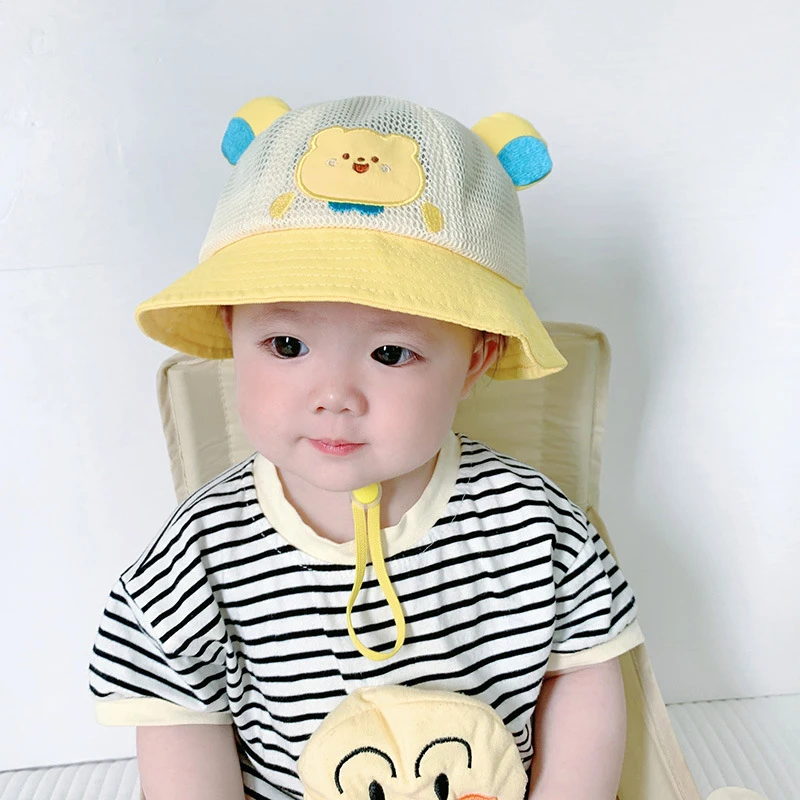 Summer Breathable Mesh Baby Hat Cute Bear Infant Boy Girl Bucket Hats Korean Cartoon Toddler Kids Casual Fisherman Cap