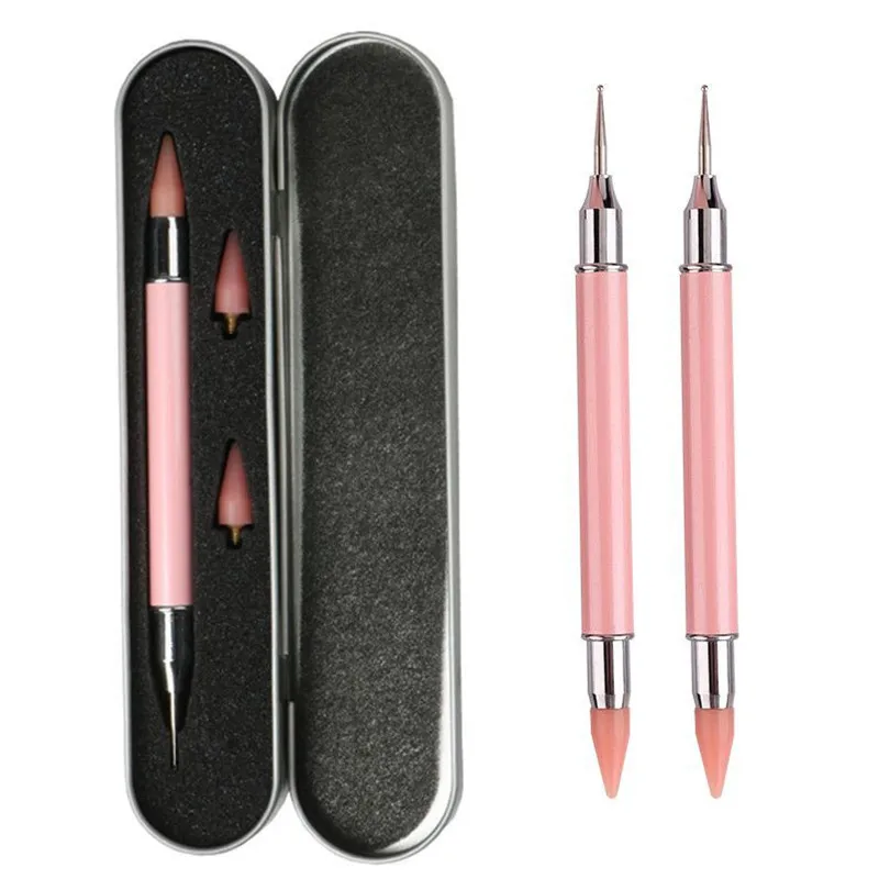 1PC Dual-ended Nail Art Dotting Pen Set With 2 Replaced Heads Rhinestone Beads Studs Picker Wax Pencil Brush Nails Art Tools