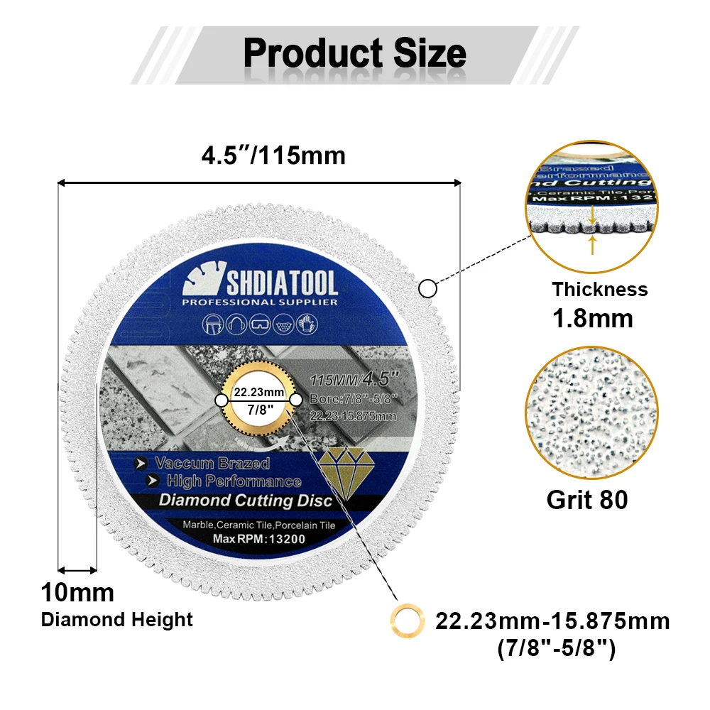 SHDIATOOL-disco de corte de diamante, hoja de sierra Circular seca/húmeda para mármol, piedra Artificial, cerámica y porcelana, diámetro de 4,5mm, 5 piezas, 22,23"