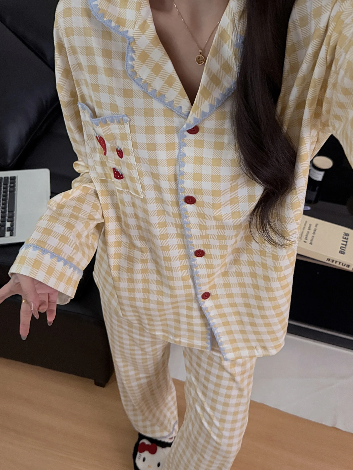 Spring Autumn Cotton Pajamas Women's Long Sleeve Long Pants Small Collar Yellow Plaid Strawberry Home Clothes Set Pure Cotton
