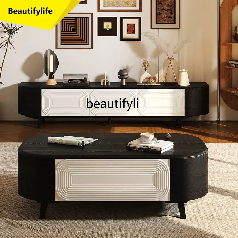 K185 Mid-Century Style Rectangular Villa Living Room Retro Nostalgic Coffee Table TV Cabinet Set Solid Wood Furniture