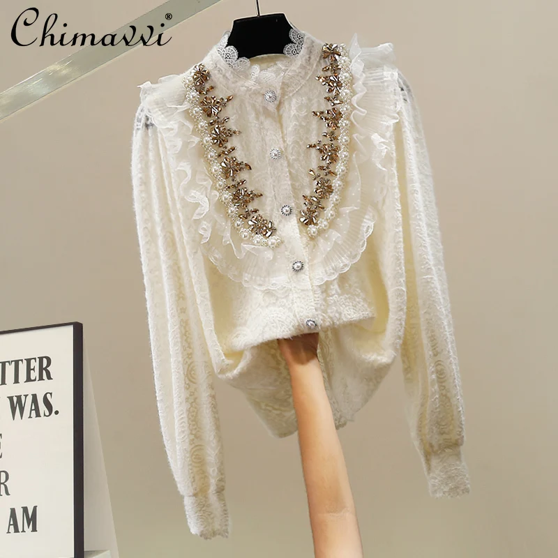 

Осенняя одежда 2024, новая корейская модная вязаная рубашка из плотного кружева в стиле пэчворк, свободная элегантная блузка с длинными рукавами для милых девочек, топ