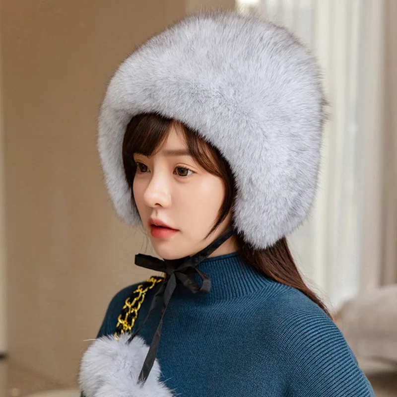 

Real Fox Fur Hat Winter Sweet Lei Feng Hat Warm Ear Protection Cap Outdoor Skiing Hats Thick Warm Ears Bomber Female Round Cap