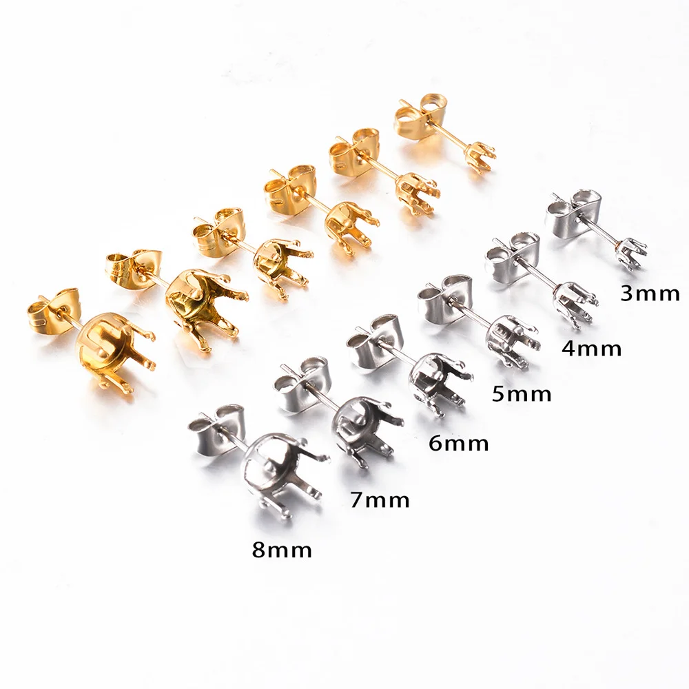 50 Stück/Los Edelstahl 3mm-8mm Blanko-Ohrstecker, Ohrstecknadeln mit Krallenfassung, Ohrstecker-Basis, Ohrstecker-Fassung, DIY-Schmuckherstellung, Schmuckzubehör – Detail 1