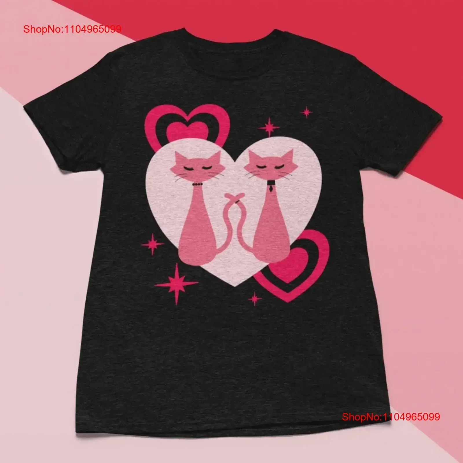 

Современные кошки середины века на день Святого Валентина с розовыми сердечками, футболка в винтажном стиле в стиле ретро, винтажная стираная футболка с рисунком, растянутая мягкая уличная одежда