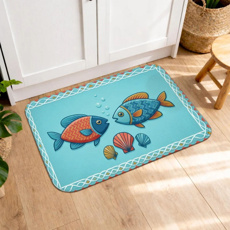 VIKAMA Cartoon Fish Seashell Rug Coastal Nautical Non Slip Water Absorbent Mat Kitchen Bathroom Entry Decor Carpet