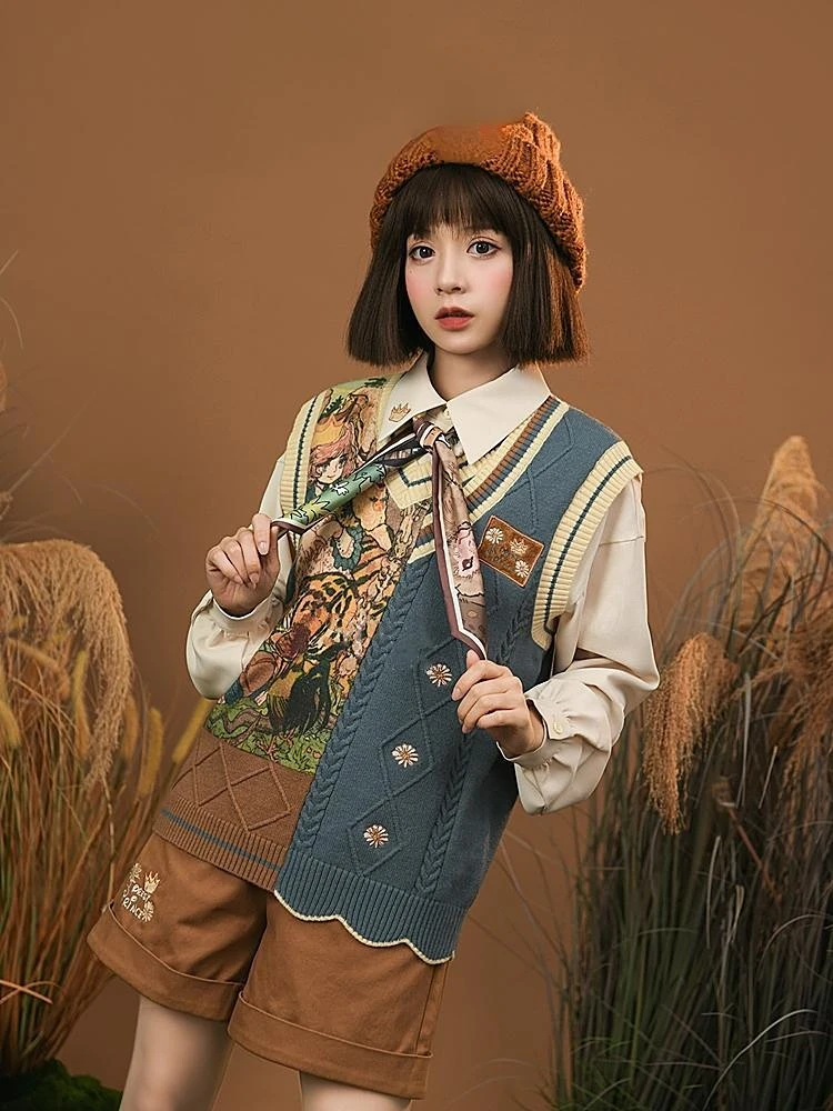 2024 Autumn Sweater Animal Patchwork Knitted Vest Contrast ColorTop for Women Vintage Sleeveless Kawaii Harajuku V-Neck Cardigan