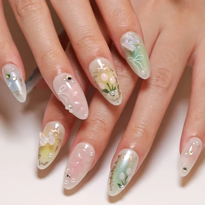 Nail Art-Faux ongles ronds avec nœud papillon élégant, décoration de fleur de tulipe, perle, léon, amande, N64.souhaits on N64.Manucure