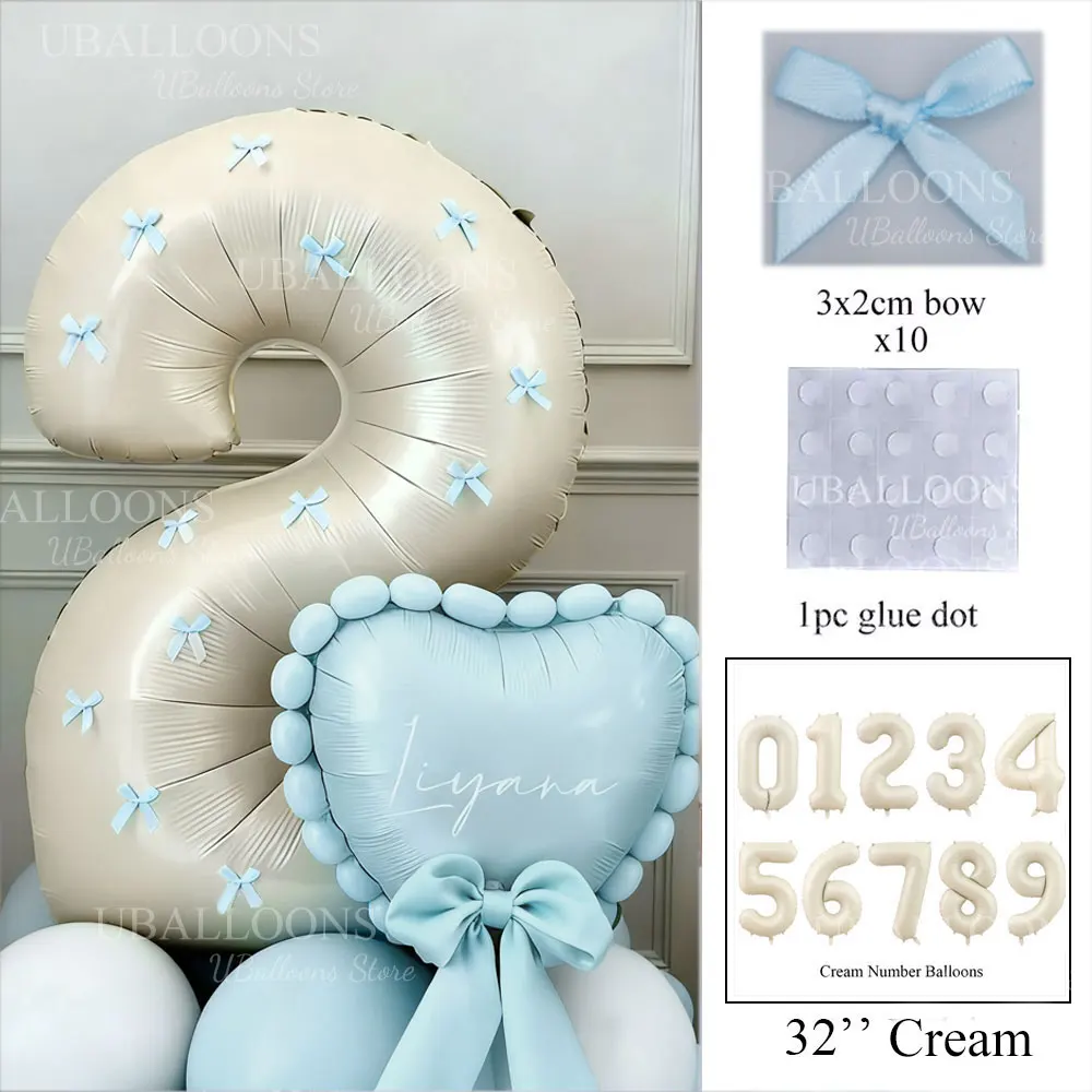 32-Zoll-Creme-Zahlenballon mit blauen Schleifen, 1, 2, 3, 4, 5, 6, 7, 8, 9, babyblaue Schleife, beige Zahlenballons für Geburtstags-Babyparty-Dekoration – Detail 2
