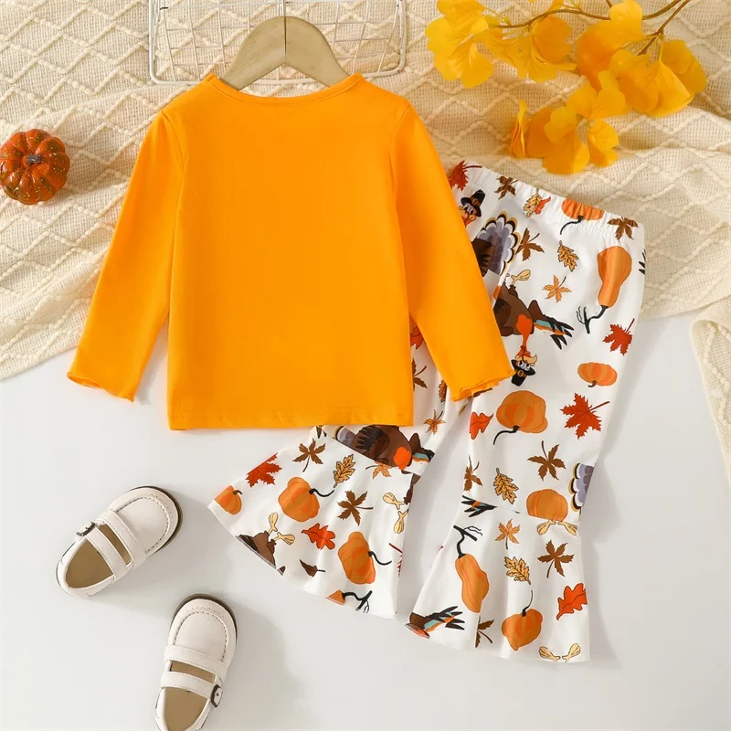 

Adorable Baby Girls Thanksgiving Turkey Print 2 Piece Outfit with Long Sleeve Sweatshirt and Flare Pants Set - Cute Fall