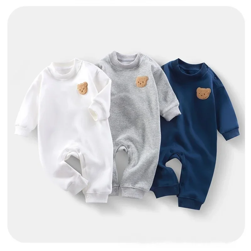 

Весенний комбинезон на флисовой подкладке для новорожденных от 0 до 2 лет, однотонная теплая пижама с длинными рукавами и рисунком медведя, повседневная домашняя одежда для младенцев от 0 до 2 лет