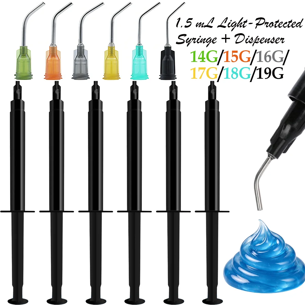 6Pcs Dental Gel Syringes, Dental Material Syringes, Set with Dispensers and Syringe Caps of Different Sizes, Capacity 1.5ml, Non-Graduated, Black Syringe Barrels, Light-Proof 14G/15G/16G/17G/15G/19G