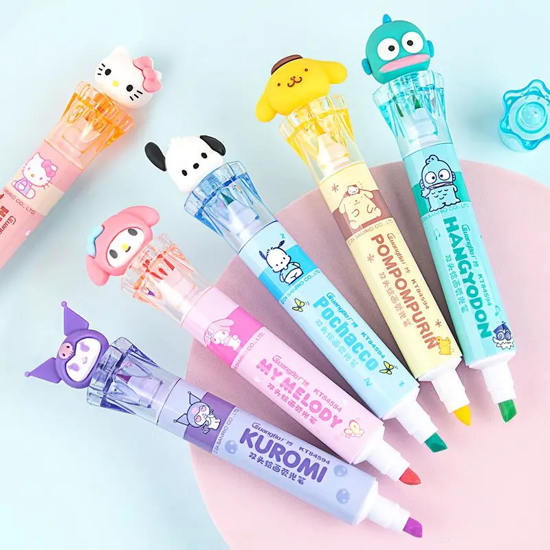 New Cartoon Pompompurin Hello Kitty My melody Pochacco Kuromi Kawaii Sanrio Fluorescent Student Watercolor Double-Headed Marker