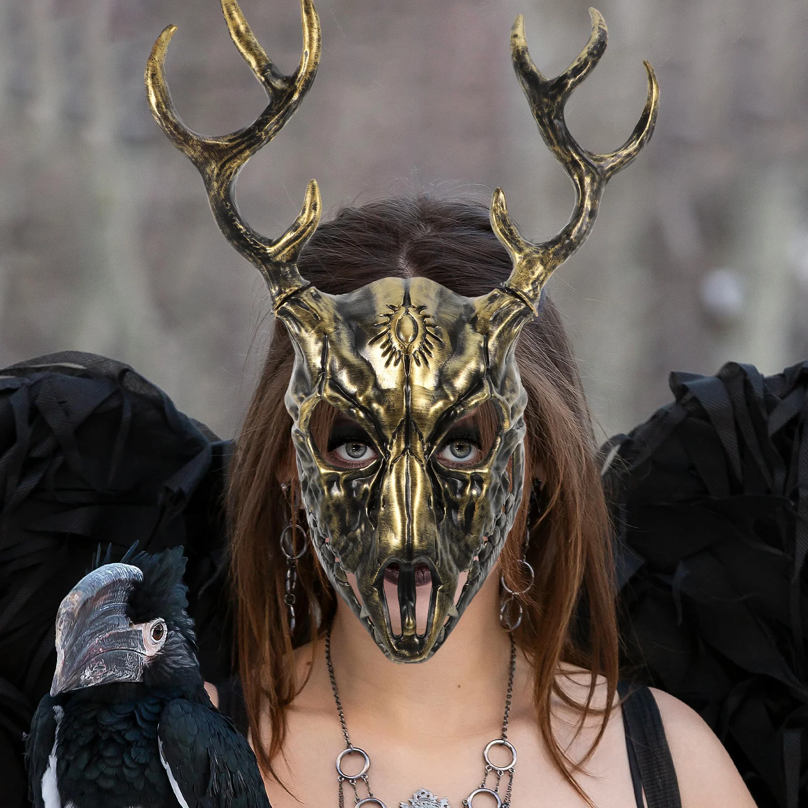 

1pcs Deer Antler Mask For Halloween Unique Horned Face Masquerade Costume Prop Detachable Animal Party Mask Cosplay Accessory