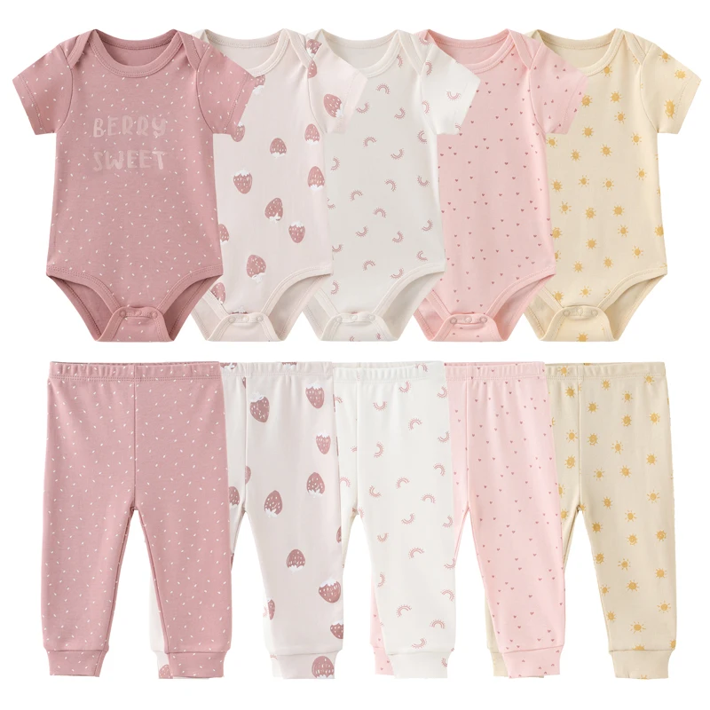 Unisex 6/9/10Pieces Cotton Bodysuits+Pants Newborn Baby Girl Clothes Print Baby Boy Clothes Sets Short Sleeve Bebes