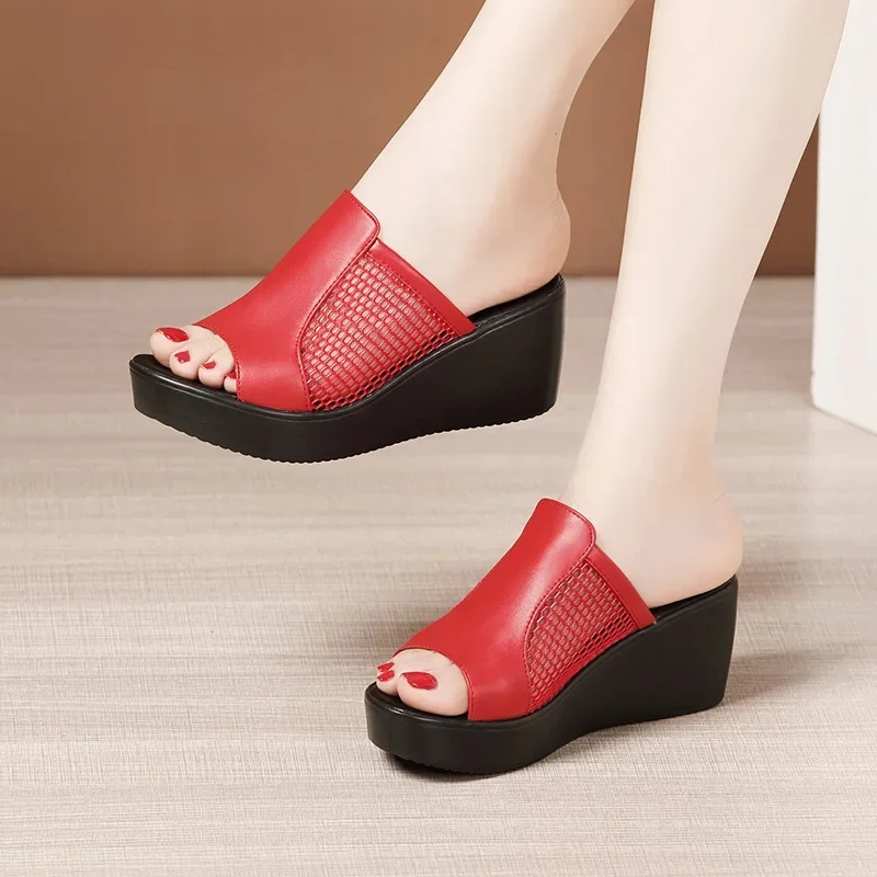 6cm Small Size 32-43 Breathable Mesh Leather Slippers Med Heels Shoes 2024 Summer Soft Leather Platform Wedges Slides Office Mom