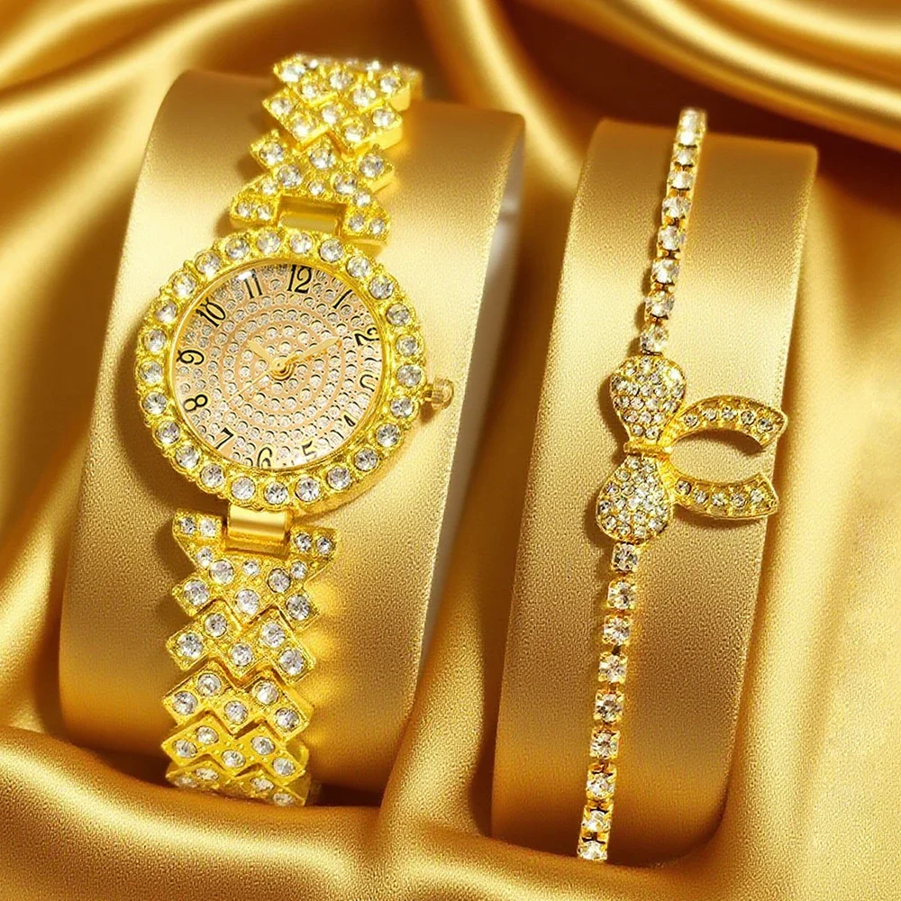 2pcs women's quartz watch and shiny bow bracelet combination set suitable for daily wear