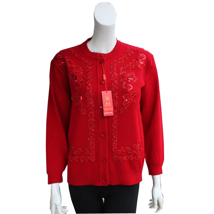 

Women's Knitted Sweater Coat Floral Embroidery Midlife Spring Autumn Faion Ladies Open Cardigan Long Sve Regular Fit