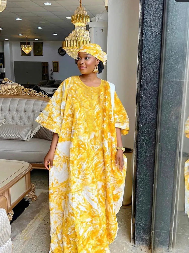 Yellow Printed Cotton 100% Cotton Soft And Skin Friendly African Ankara Traditional Wedding Party Boubou With Scarf Long Dresses