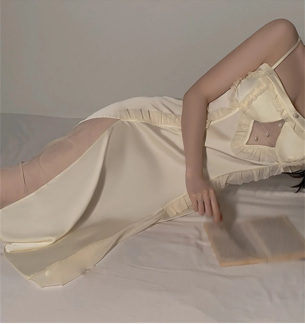 Ladies Satin Mesh Long Sling Nightdress With Chest Pad Sexy Sweet Ruffled Lace Sleepwear Homewear Soft Lingerie Suspenders Dress