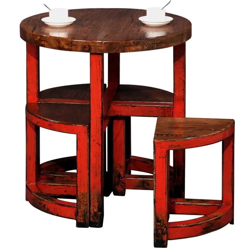 

All solid wood small apartment dining table Chinese table and chair combination simple modern medium and old elm round table