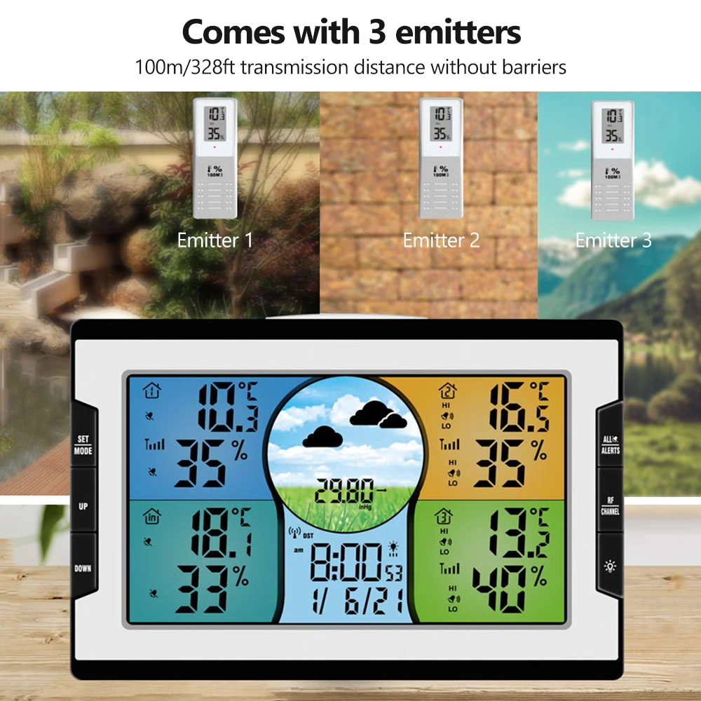 Stazione meteorologica digitale con 3 sensori remoti 100m per interni ed esterni temperatura umidità Monitor sveglia termoigrometro
