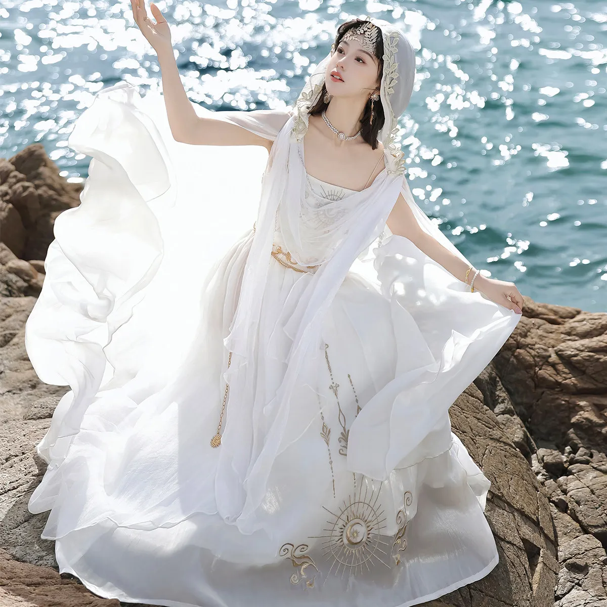 Women Classical Lolita Op Dress 2-piece Set White Chiffon Slip Dress With Cape & Headscarf Sun Embroidery Flowy Goddess Outfit
