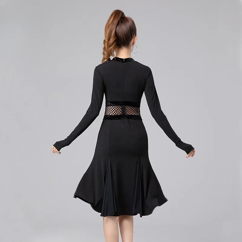 Robe de soirée à manches longues pour femmes, costume de performance de danse latine, maille noire sexy, col en V, pratique de la danse pour adultes