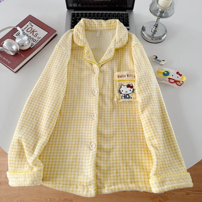 Зимний пижамный комплект с клетчатым принтом «Hello Kitty», новый пижамный костюм с героями мультфильмов, теплый корейский милый плюшевый домашний комплект Y2K, милая одежда для сна
