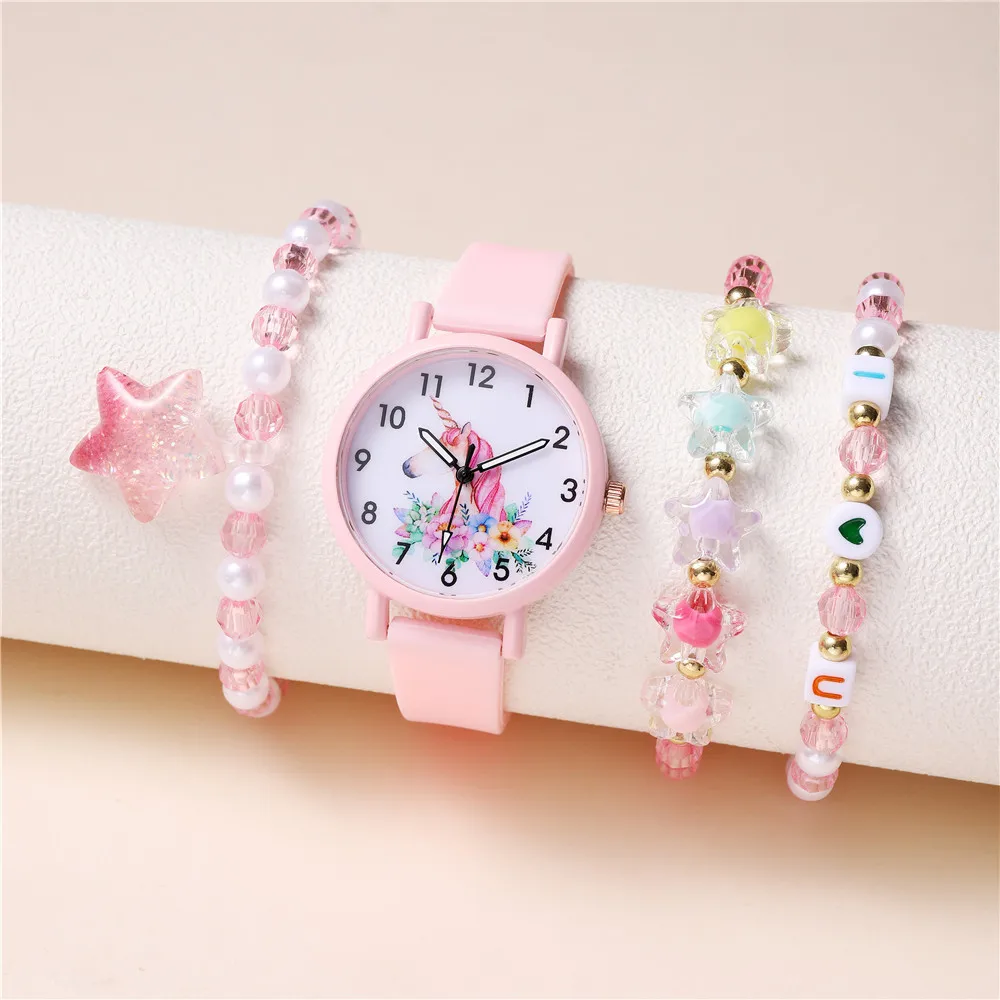 4pcs/set cute pink silicone band unicorn Children\'s watch