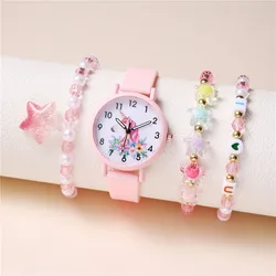 4pcs/set cute pink silicone band unicorn Children's watch