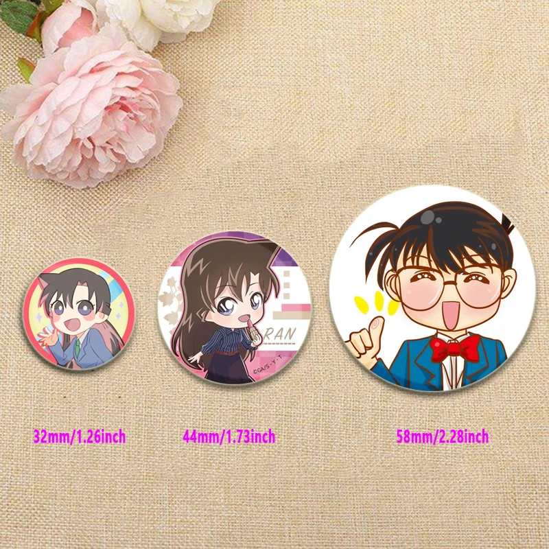 بروش المخبر كونان للأطفال أو الأصدقاء ، دبوس كرتون دائري ، مجوهرات شارة ، هدية للأصدقاء ، كودو شينيتشي ، هايبارا آي شيري ، مانغا ركض